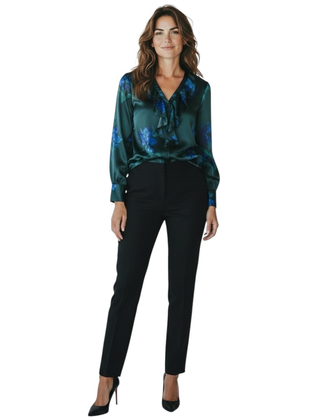 NWT WHITE HOUSE BLACK MARKET Green Floral Ruffle Long Sleeve Blouse Size Medium - Picture 3 of 7